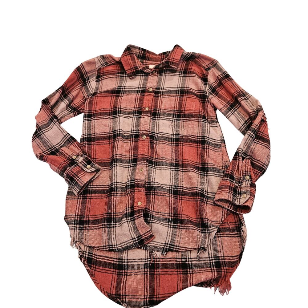 American Eagle Plaid Flannel Shirt XS Oversized Distressed Elbow Raw Hem